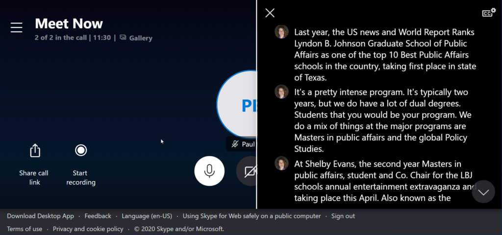 Skype interface with zoomed in transcript that caused the transcript to overlap the buttons.