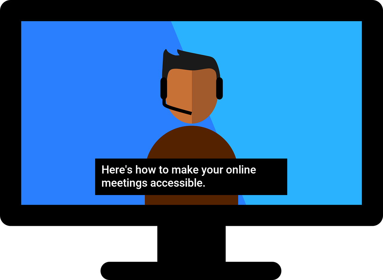 Illustration of monitor with person wearing headset and captions