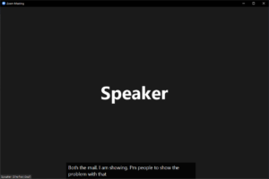 Screenshot from Zoom video showing "Speaker" text and nonsense automatic captions.