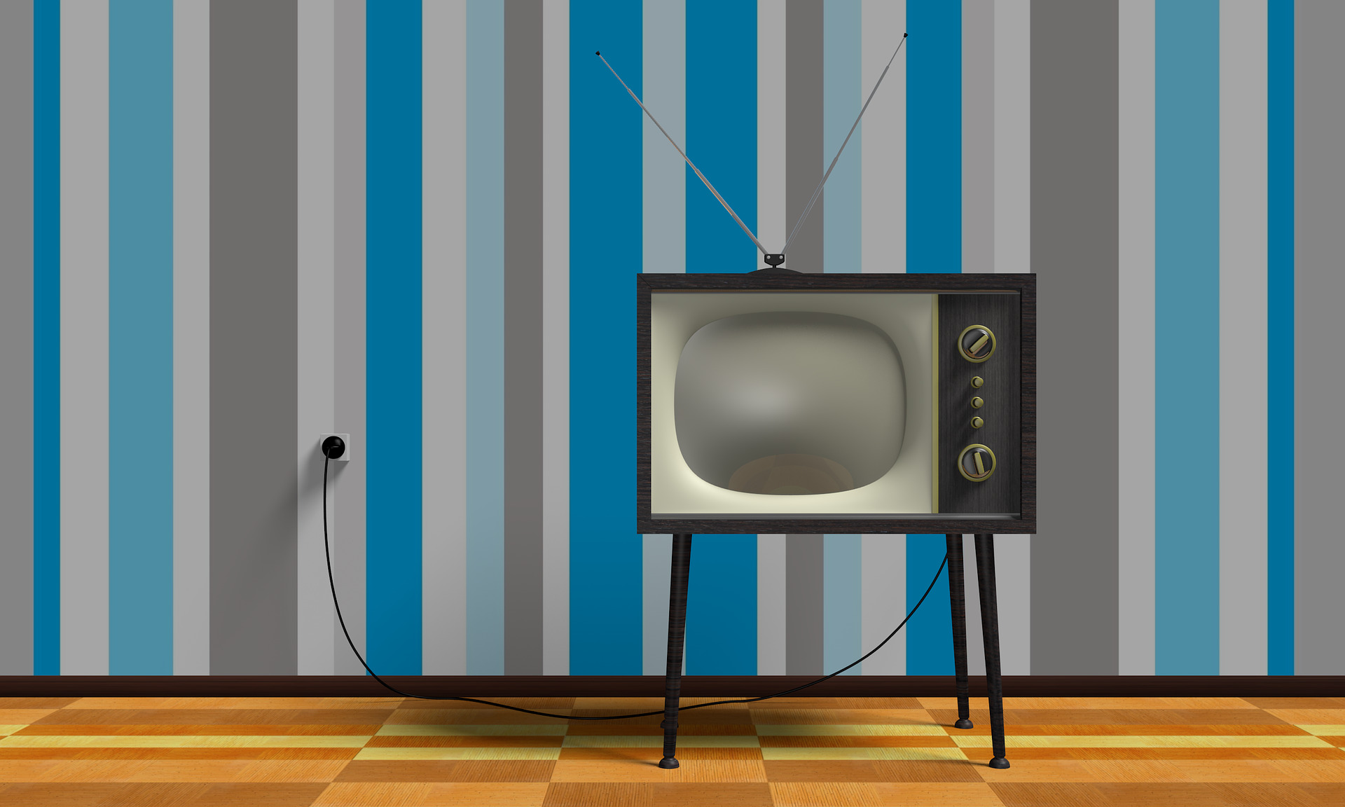 Vintage TV with legs and a striped wall behind