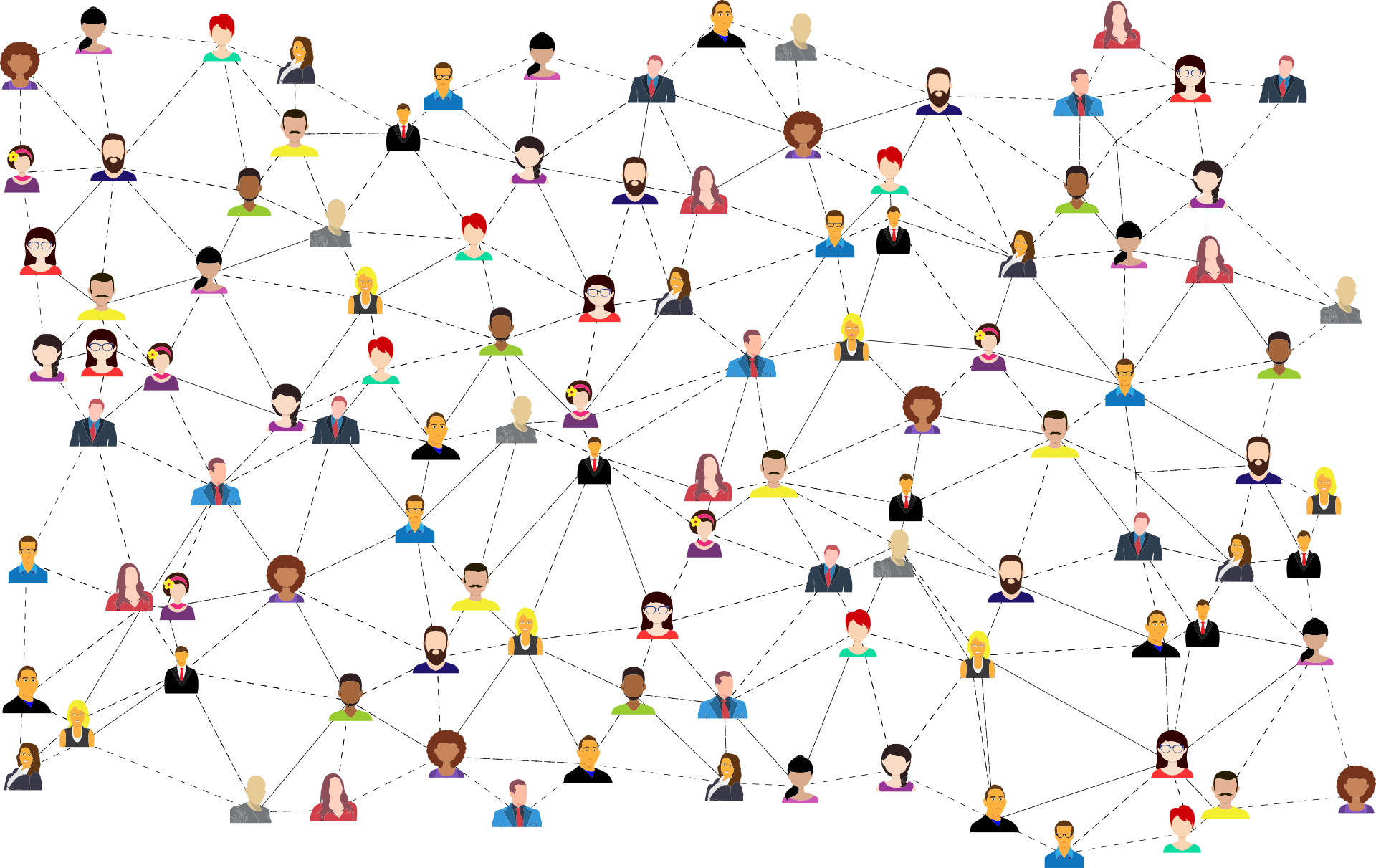 Illustration of many corporate employees of all races and genders connected through lines and dotted lines