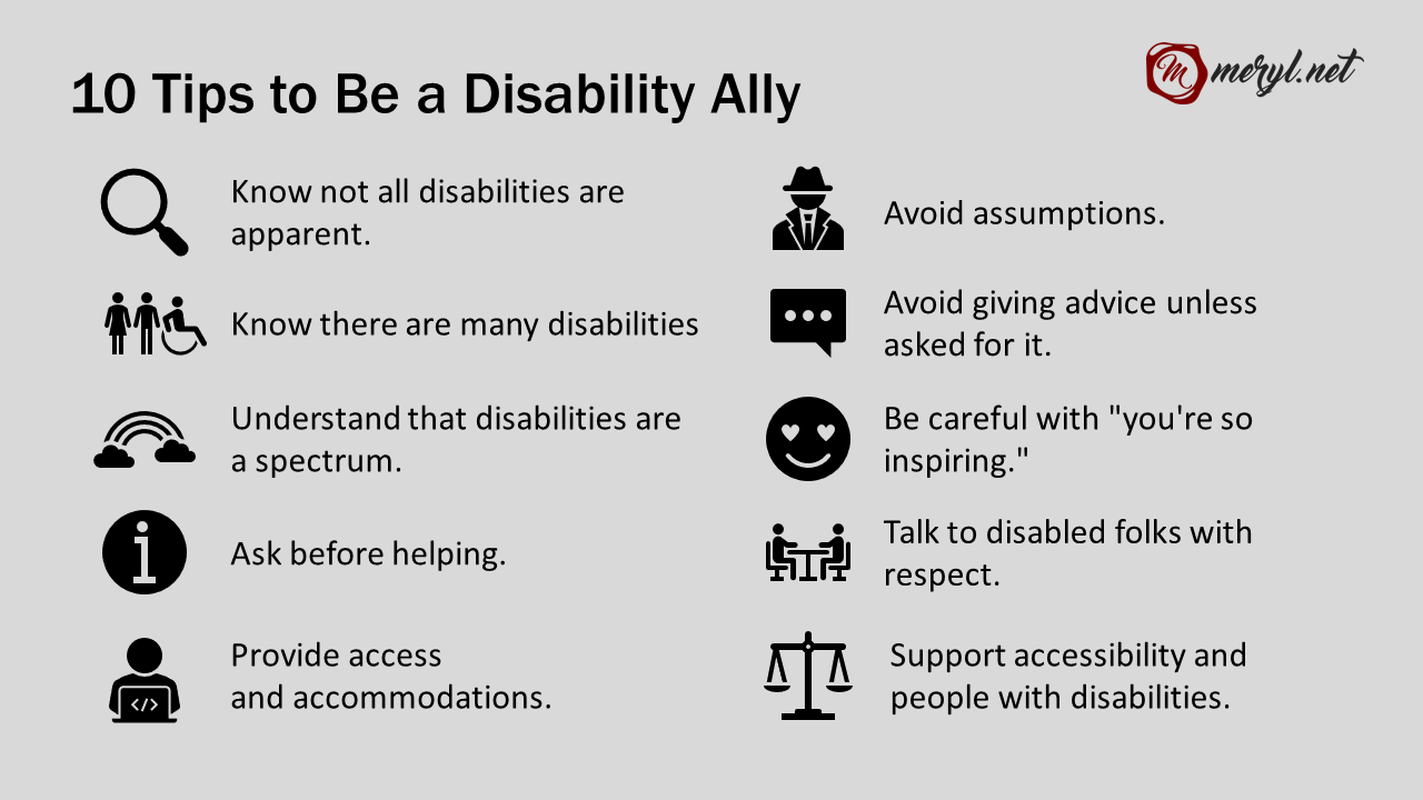 10 Ways to be a disability ally with a list of suggestions found in the post