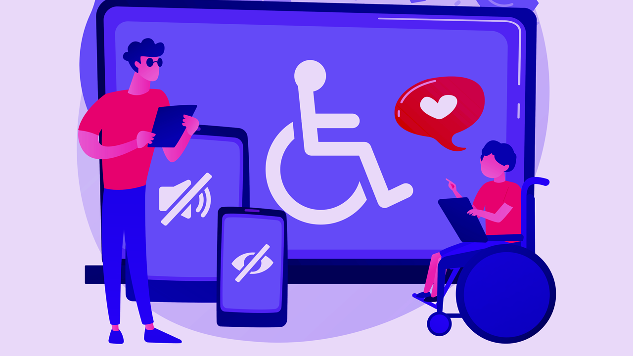Illustration with large screen that has a wheelchair icon in the middle. Person stands on one side with a mobile devices that sound crossed out, another mobile device that has eye crossed out. On the other side is a person who uses a wheelchair and a dialog with a heart