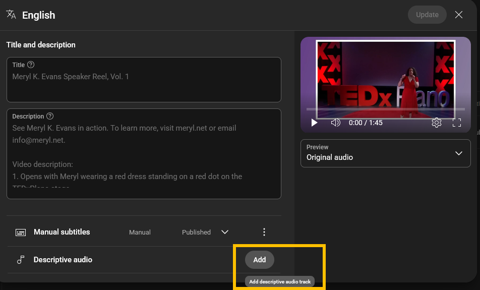 YouTube Studio English user interface with "Add: Add descriptive audio track" highlighted.