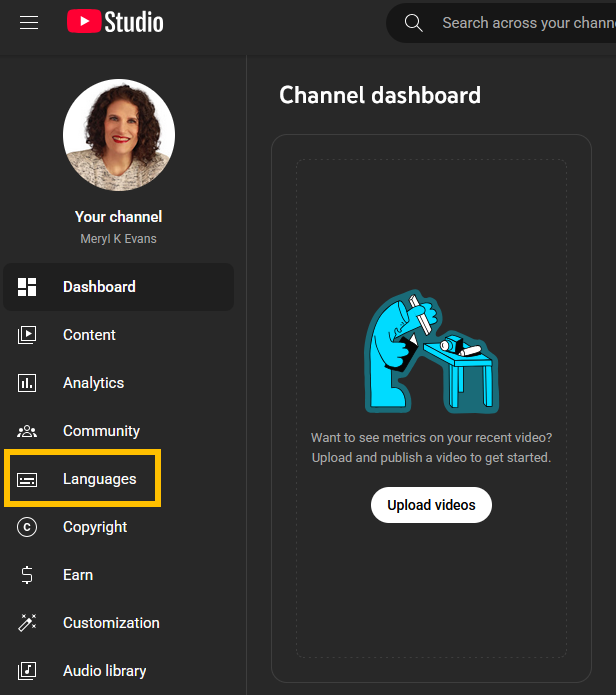 YouTube Studio Channel dashboard user interface with Languages selected.