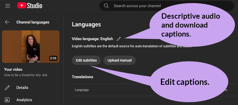 YouTube Studio Channel languages user interface with Pencil icon "Descriptive audio and download captions." "Edit subtitles" for editing captions.