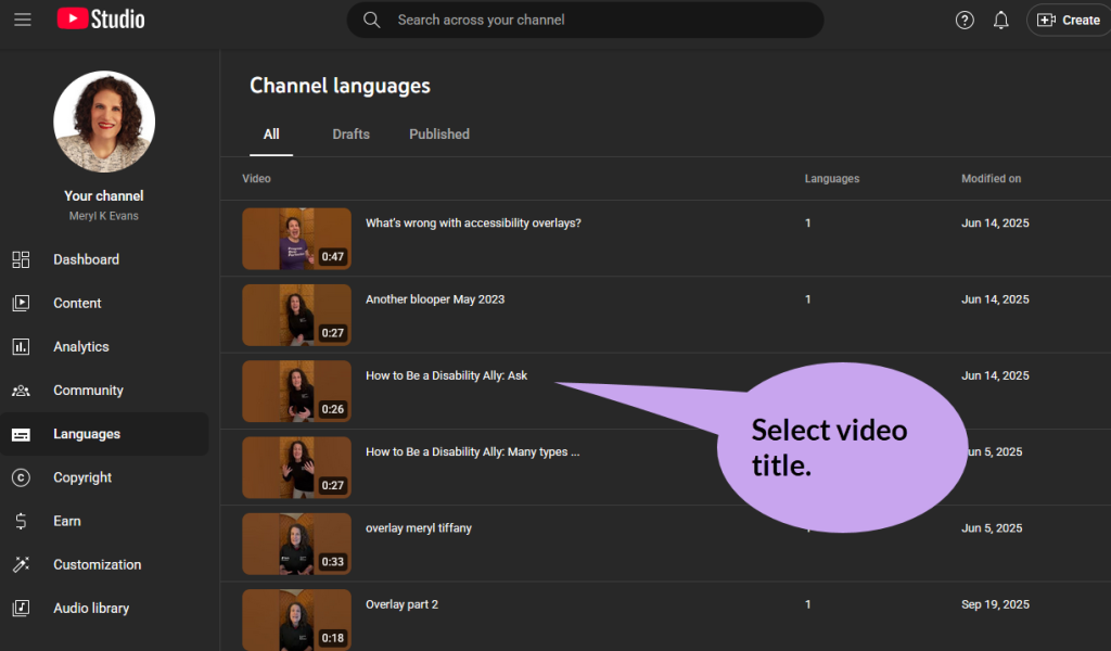 YouTube Studio Channel languages user interface with "Select video title."
