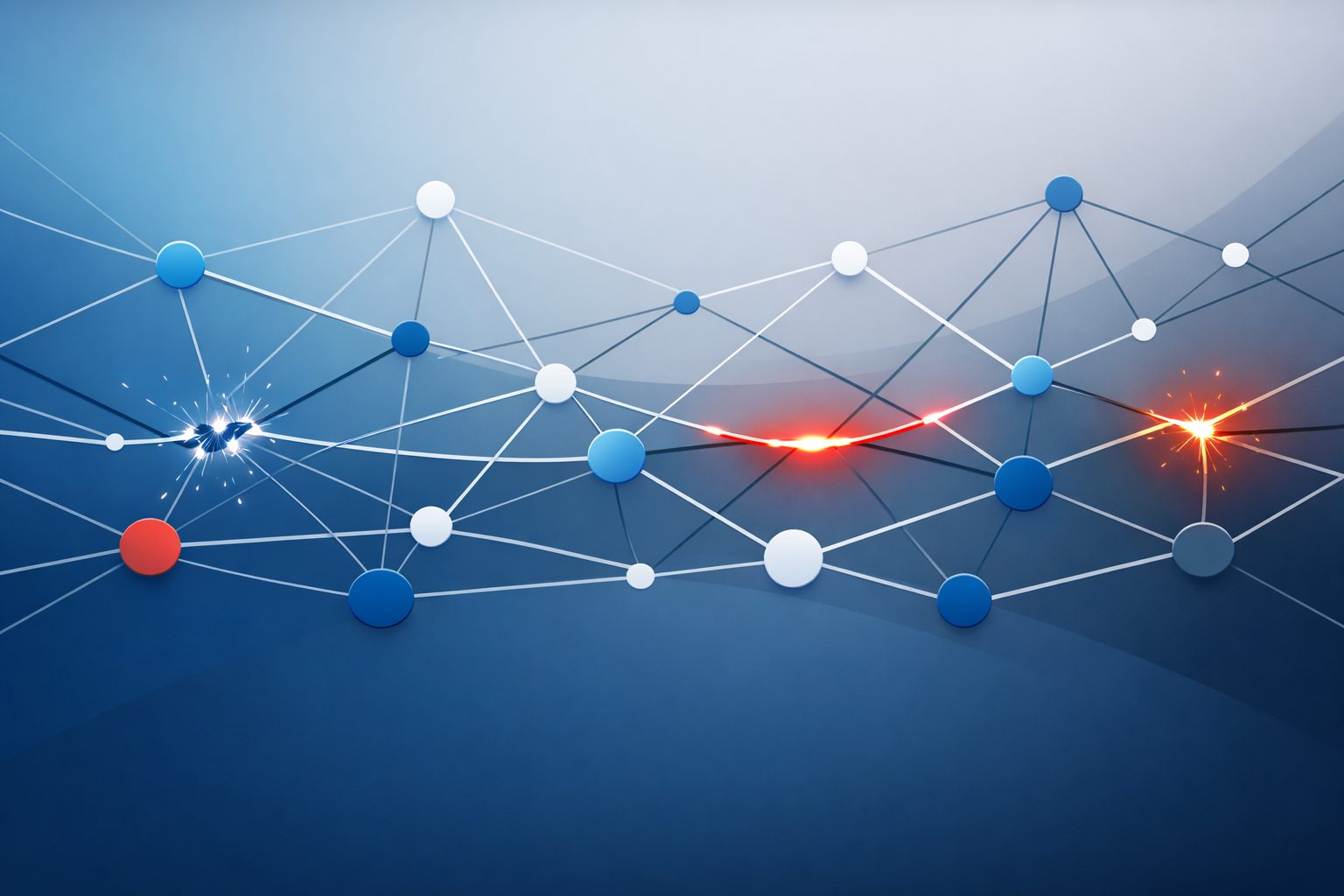 Abstract illustration of a connected network with glowing red stress points showing broken communication links.